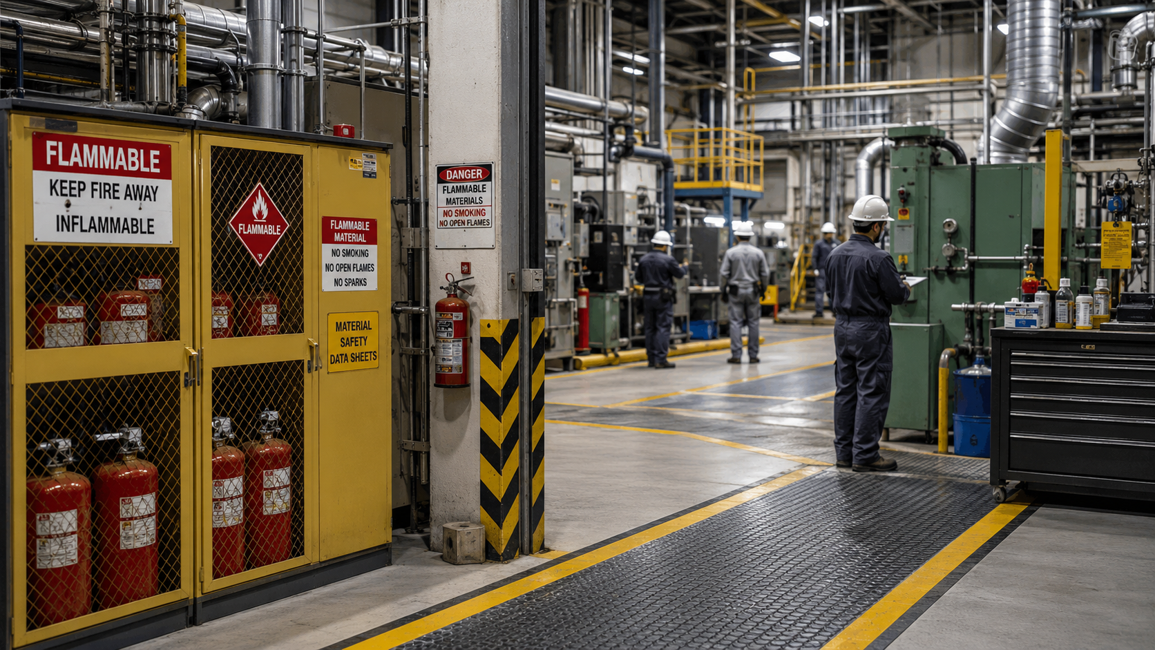 Industrial workplace with fire and explosion prevention controls