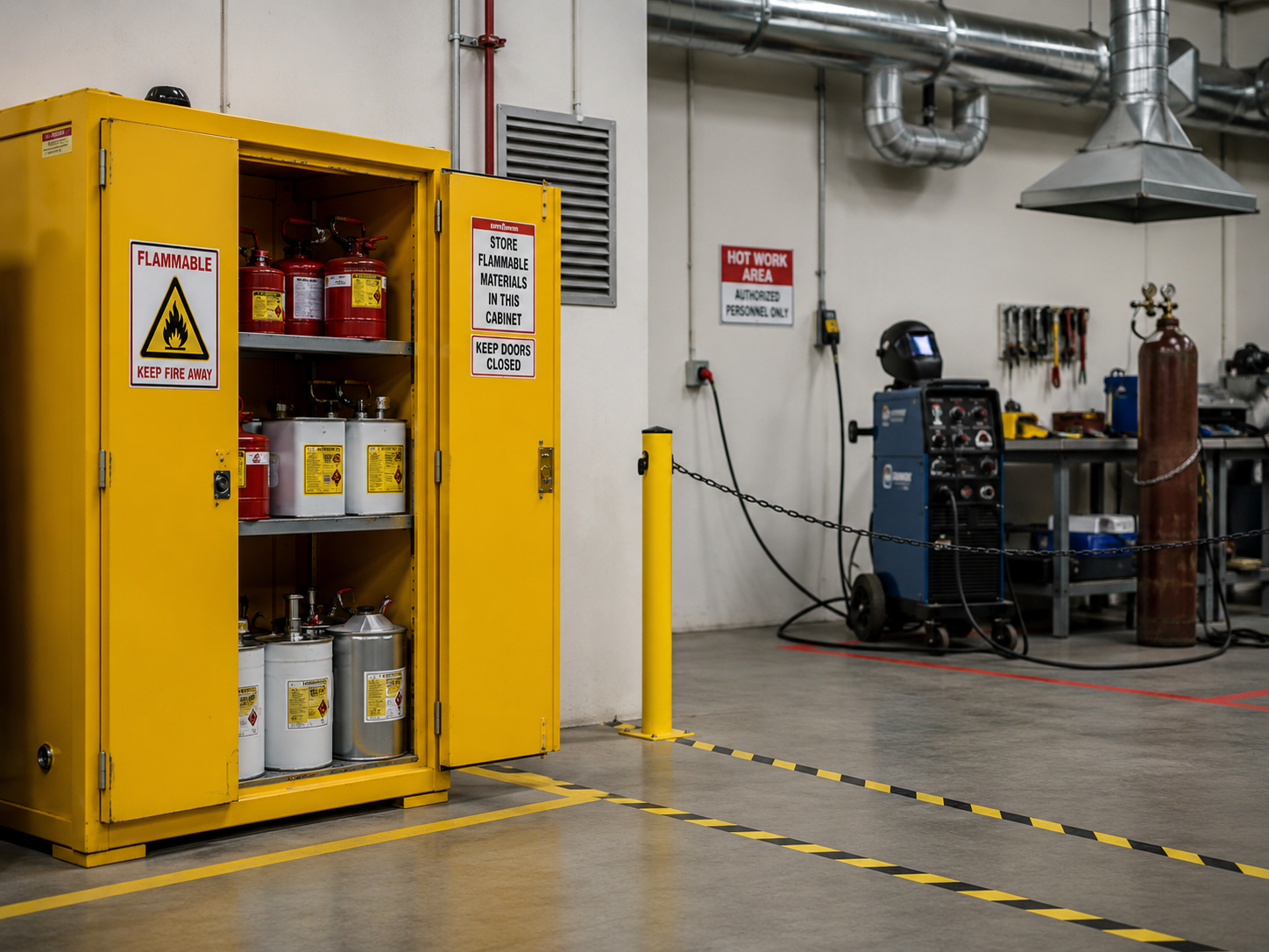 Separation of flammable materials and ignition sources in an industrial workplace