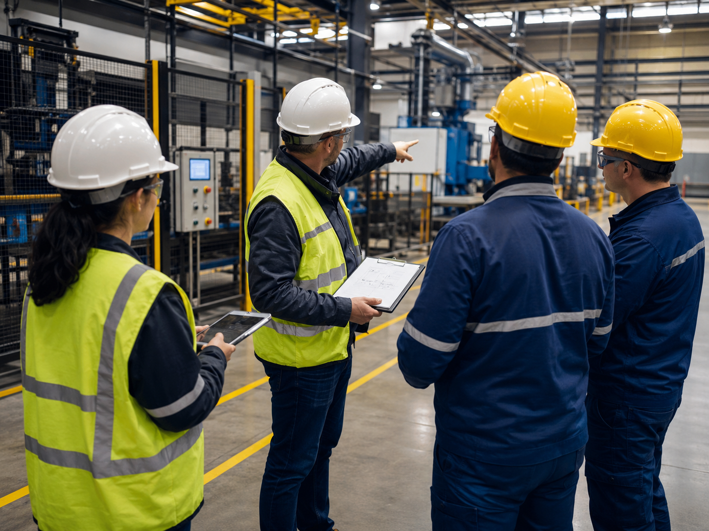 Safety manager and workers reviewing risks on shop floor