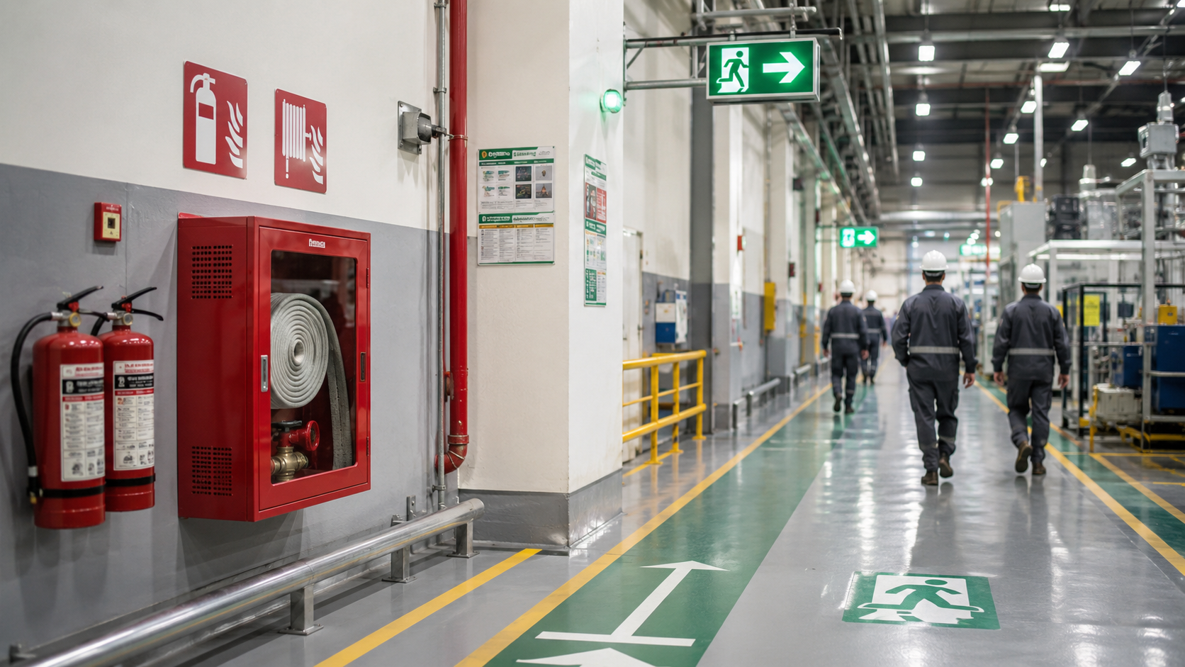 Organized industrial workplace prepared for fire emergency response