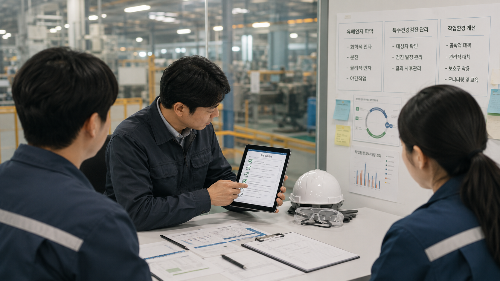 Occupational health manager reviewing hazardous factor documents with workers